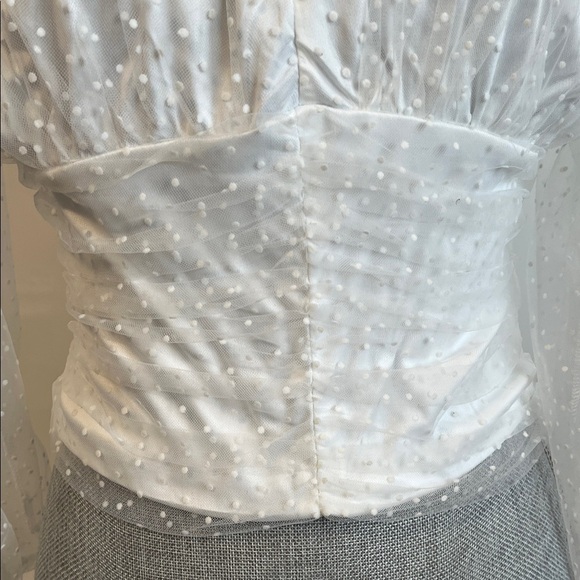 NWOT Elegant White Sheer Chiffon Deep V Puff Sleeve Top, Size M - Picture 3 of 11